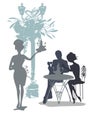 Series of the street cafes with silhouettes of fashion people, men and women, in the old city, vector illustration.